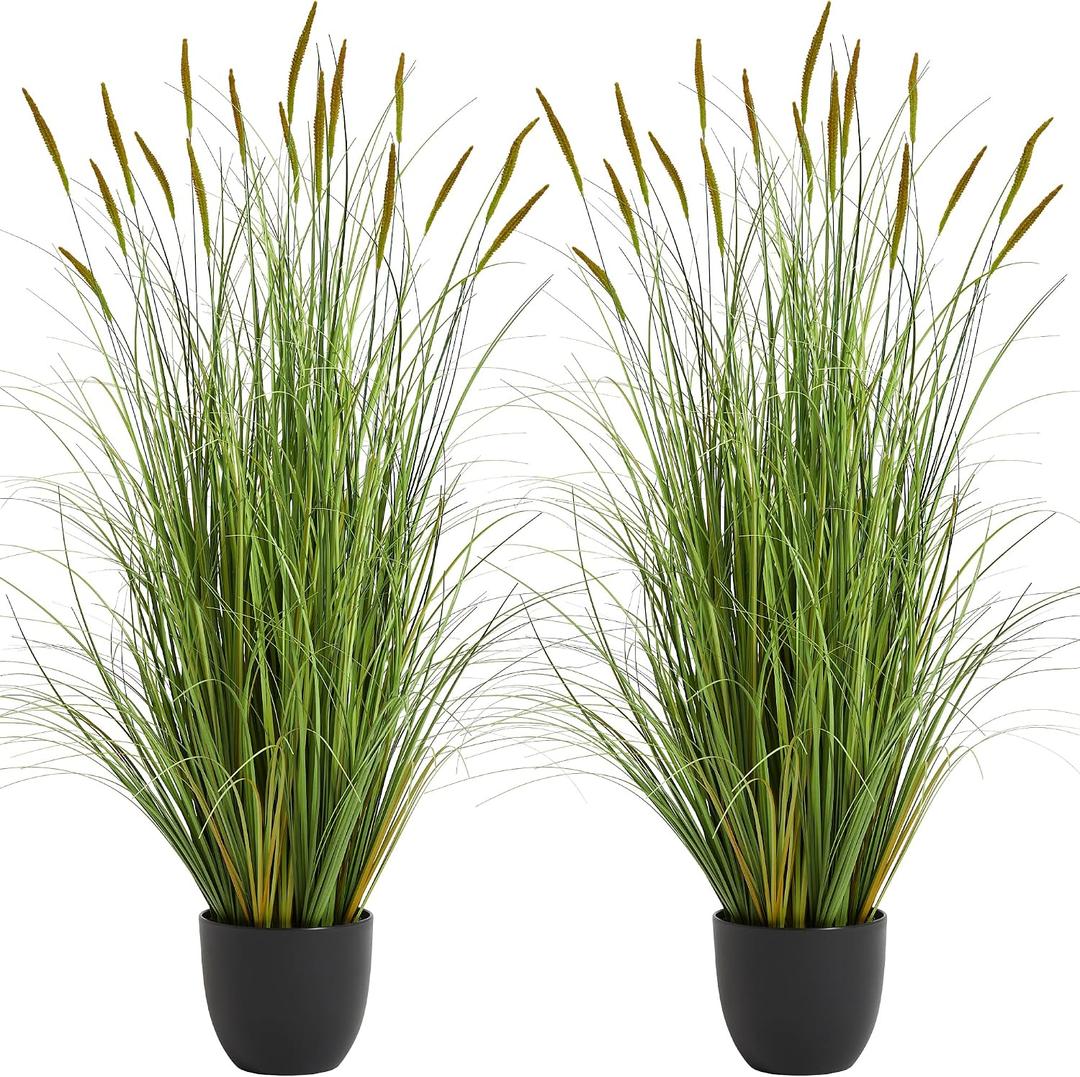KOL 4ft 2-Pack Artificial Cattail Reed Grass, 47.2 Artificial Indoor Outdoor Fake Onion Grass Plant, Home Office Wedding Decorative Potted Plant Faux Greenery, Housewarming Gift, Green