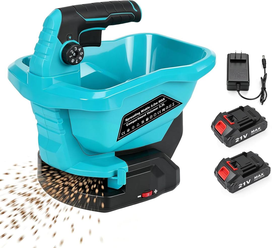 Seed Spreader Handheld with 2 Battery, Fertilizer Spreader
2X 2000mAh 20V Battery, Electric Hand Lawn Spreader for Grass Seed/Fertilizer/Salt/Ice Melt/Feed, Power Grass Seed Spreader