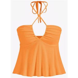 Women Sexy Floral Self Tie Crisscross Halter V Neck Sleeveless Strapless Backless Ruched Ruffle Solid Tube Tank Top Size XL