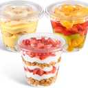 50 Pack 9 Oz Clear Plastic Dessert Cups with Flat Lids No Hole, Small Parfait Cups Mini Round Party Serving Cups for Cakes, Snacks, Fruits, Ice Creams