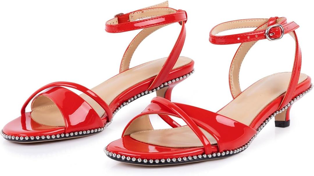 Strappy Gold Heeled Sandals Stiletto Heel for Women Stylish Kitten Heels Womens Platform Sandal Rhinestone Wedding Shoes for Party Dancing Graduation (Size 7, Red)