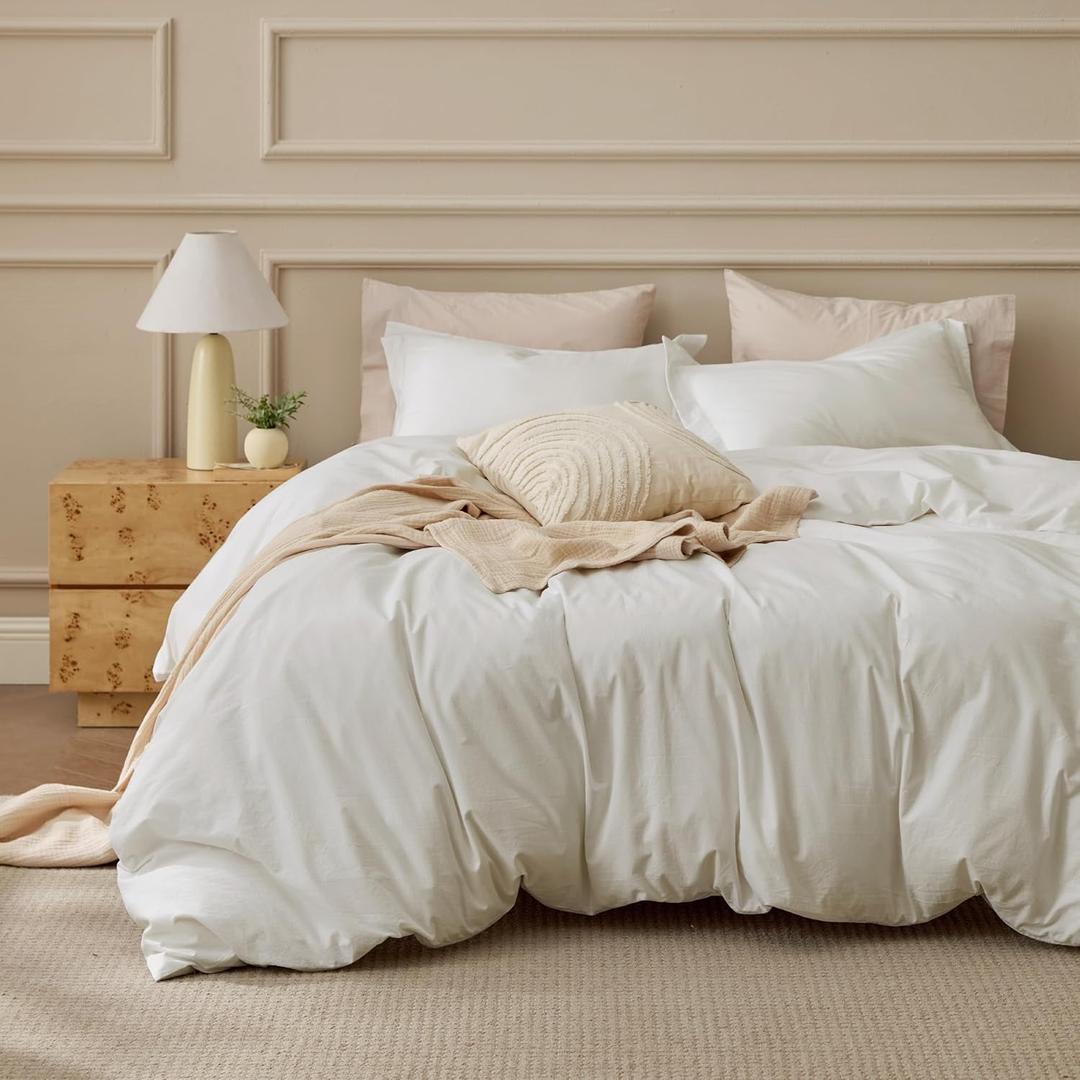 Bedsure 100% Washed Cotton Duvet Cover Queen Size - Ivory Minimalist Bedding Set Linen Like - PureWoven Plain Simple & Soft Comforter Cover for All Seasons, 3 Pieces (Ivory, Queen, 90"x90")