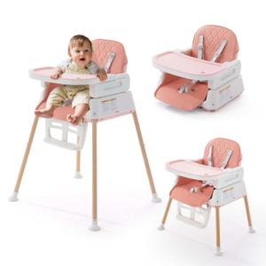 3 in 1 Baby High Chair, Portable High Chairs for Babies and Toddlers, Adjustable Convertible Infant Baby Feeding Chair Booster for Eating with Detachable Double Tray, 5 Point Harness, Footrest Pink 