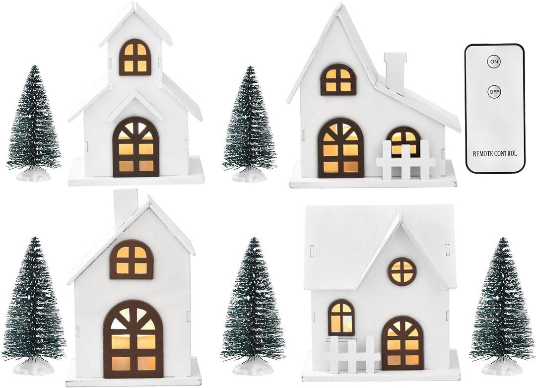 Wood & Plastic Christmas Sculpture Set, 9pcs, Including 4 LED Lighted Houses and 5 Frosted Trees for Tabletop Mantel Dcor