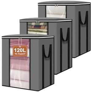 punemi 120L Blanket Storage Bags, Foldable Clothes Storage Organizer with Zipper, Reinforced Handle & Clear windows, Large Storage Bags for Blanket, Comforter, Bedding, Pillow, Clothes, 3Pack, Gray