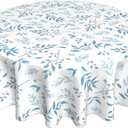 Watercolor Blue White Grey Leaves Round Tablecloth 60 Inch Teal Gray Woodland Leaf Table Clothes Spring Summer Waterproof Reusable Circle Table Cover for Picnic Party Dining Room Home Decor