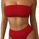 Pink Queen Women's Ribbed High Waisted Bikini Set Removable Strap Bandeau Swimsuit, XL
