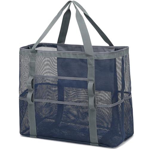 Fammart Mesh Beach Bag with Zipper for Women, Large Beach Tote Sandproof Toys Pool Swim Bag Travel Vacation Cruise Essentials