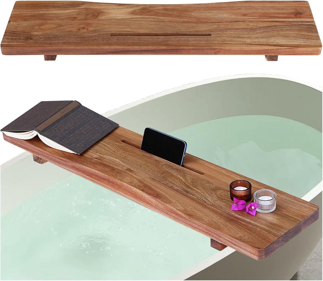 Premium Acacia Wood Bathtub Tray Caddy with Adjustable Legs, Minimalistic Design Bath Tray for Tub, Bathtub Accessories, Fit Standard and Against Wall Bath Tubs, Gift Idea for Women (29.5"9"2")