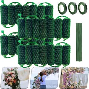 28PCS Floral Foam Garland - 18.4Ft Flower Sponge Blocks Kit,Absorption Flower Holder Arch Door for Wet Dry Fresh Flowers Arrangement for Wedding Garden Home DecorFloral Tape x3, Floral Wire x50 (Green)