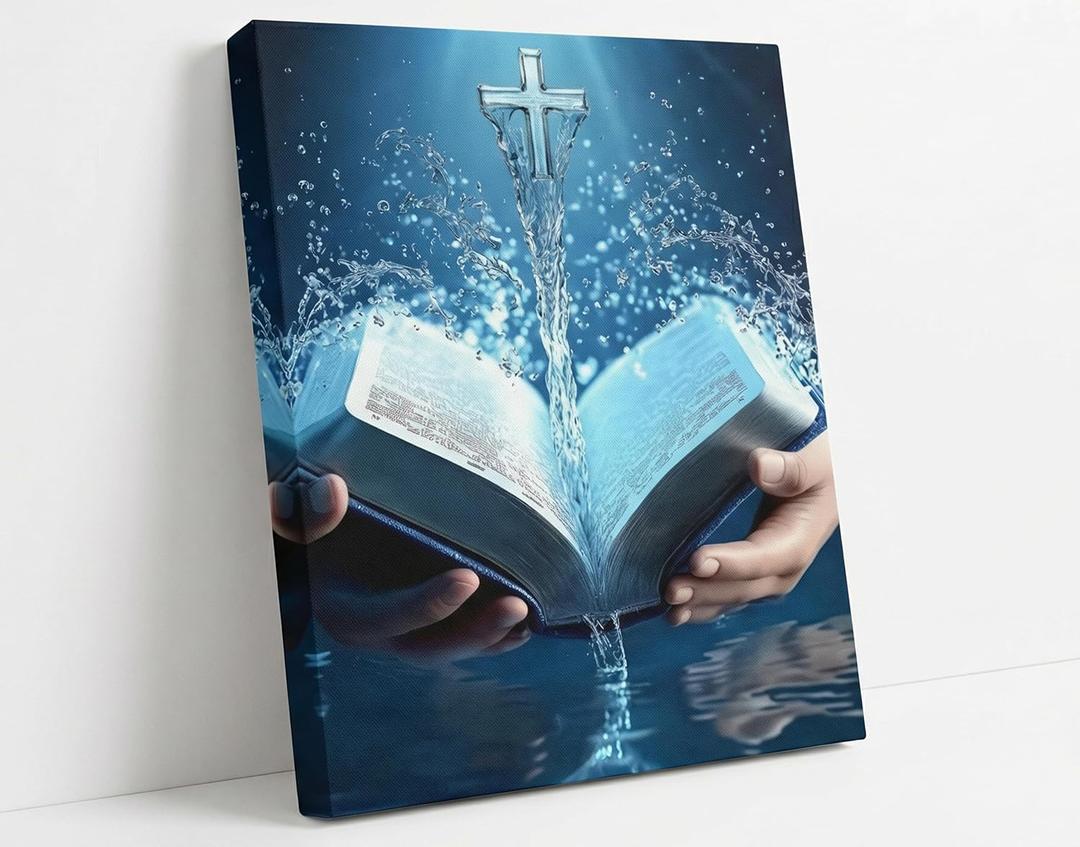 Holy Water Canvas Wall Art Inspirational Bible Book Wall Decor Picture Christian Cross Poster Print Painting for Living Room Bedroom Hallway Church Home Decoration Prepare To Hang, 36"L x 24"W-Canvas