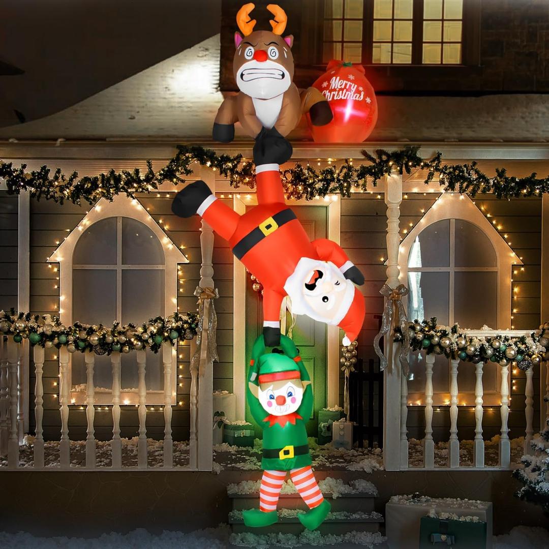 Rocinha 8FT Hanging Christmas Inflatable Outdoor Decoration, Christmas Inflatables Reindeer Pulling Climbing Santa and Falling Elf, Blow Up Christmas Decorations Outdoor Hanging Xmas Decorations