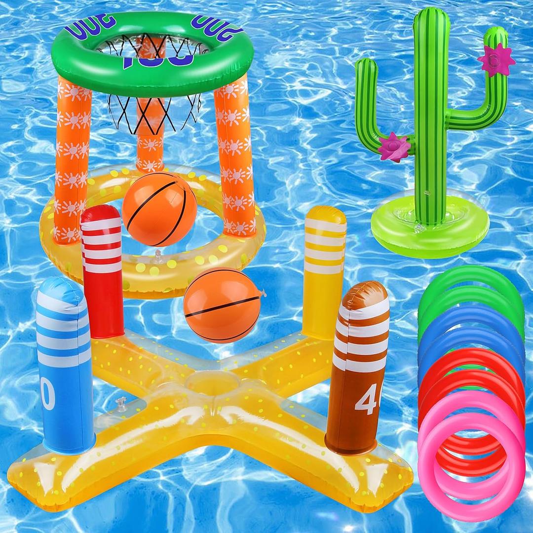 Pool Games Set-8 Inflatable Rings,Inflatable Basketball Hoop,Cactus Toss Game,Cross Toss Game and 2 Inflatable Small Basketballs-Perfect Water Toys for Kids,Teens and Adults