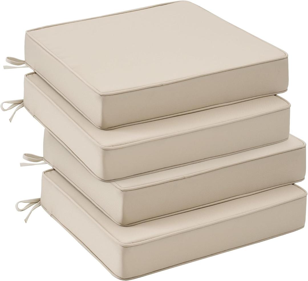 UNIKOME Outdoor Chair Cushions Set of 4, Water Resistant Patio Seat Cushions with Ties for Outdoor Furniture, High-Density Foam, UV & Fade Resistant, Piped Edge – 19" x 19" x 3", Beige