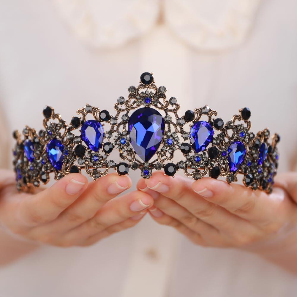 Baroque Queen Blue Black Crystal Gold Headpiece Gold Princess Wedding Headband Royal Crystal Rhinestone Hair Costume for Women and Girls (blue)
