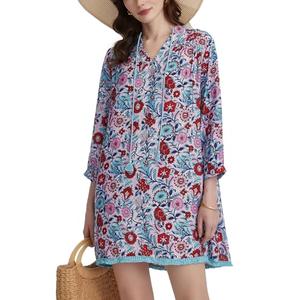 YEXPINE Women's Floral Print Cover Up Boho Tassel Tie Neck 3/4 Sleeve Casual Beach Summer Vacation Mini Dress, Size Small