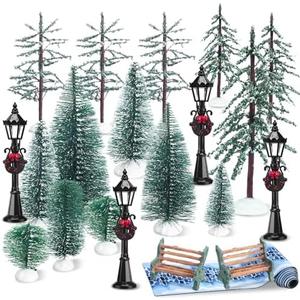 Halloscume 16 Pcs Christmas Village Sets Accessories Miniature Pine Trees Christmas Village Frosted Christmas Tree Figurine Streetlight Lamps Village Street Mat Park Bench Seat for Xmas Winter Decor