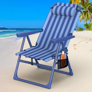Suteck Backpack Beach Chair for Adults - 6-Position Folding Reclining Chair with Cooler Bag & Cup Holder, Lightweight Portable Beach Chair for Camping, Outdoor, Sand, Travel Use (Dark Blue Stripes)