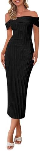 PRETTYGARDEN Summer Dresses for Women 2025 Formal Off The Shoulder Midi Bodycon Ribbed Knit Spring Wedding Guest Dress, XL