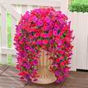 Dolicer 8 Packs Look Real Artificial Flowers for Outdoors, Fake Artificial Hanging Flowers for Outdoors Realistic UV Resistant Faux Hanging Flowers Silk Petunia for Porch Patio (Fuchsia+Rose Red)