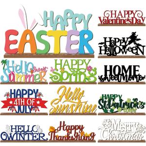 12 Pcs Interchangeable Seasonal Decor Holiday Sign Wooden Desk Table Decor for Office Home Rustic Farmhouse Multiple Holiday Sign with Wooden Base Tiered Tray Tabletop Mantel Easter Welcome Signs