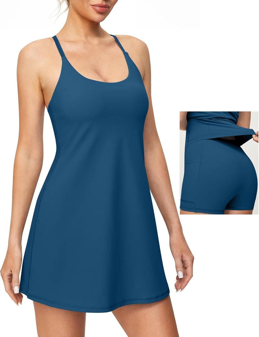 Heathyoga Womens Athletic Dress Easy Peasy Tennis Dress with Shorts Underneath Workout Active Golf Dresses for Women Indigo M
