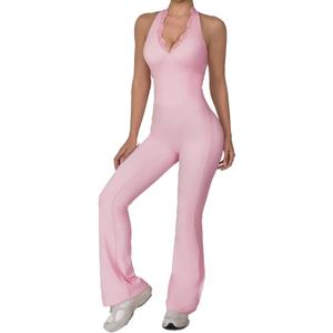 Women Workout Scrunch Flare Jumpsuits Lace Deep V Hanging Neck Halter Backless Butt Lift Gym Yoga Jumpsuits (Large, Pink)