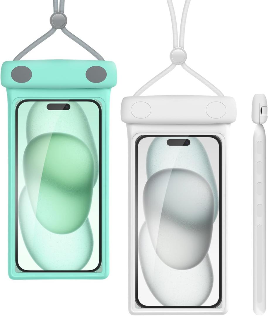 wellhouse Waterproof Phone Pouch, Waterproof Phone Case for iPhone 16 15 14 13 12 Pro Max XS Samsung, IPX8 3D Cellphone Dry Bag Beach Essentials (2 Pack - Duke Green & White7.0, 7 inch)