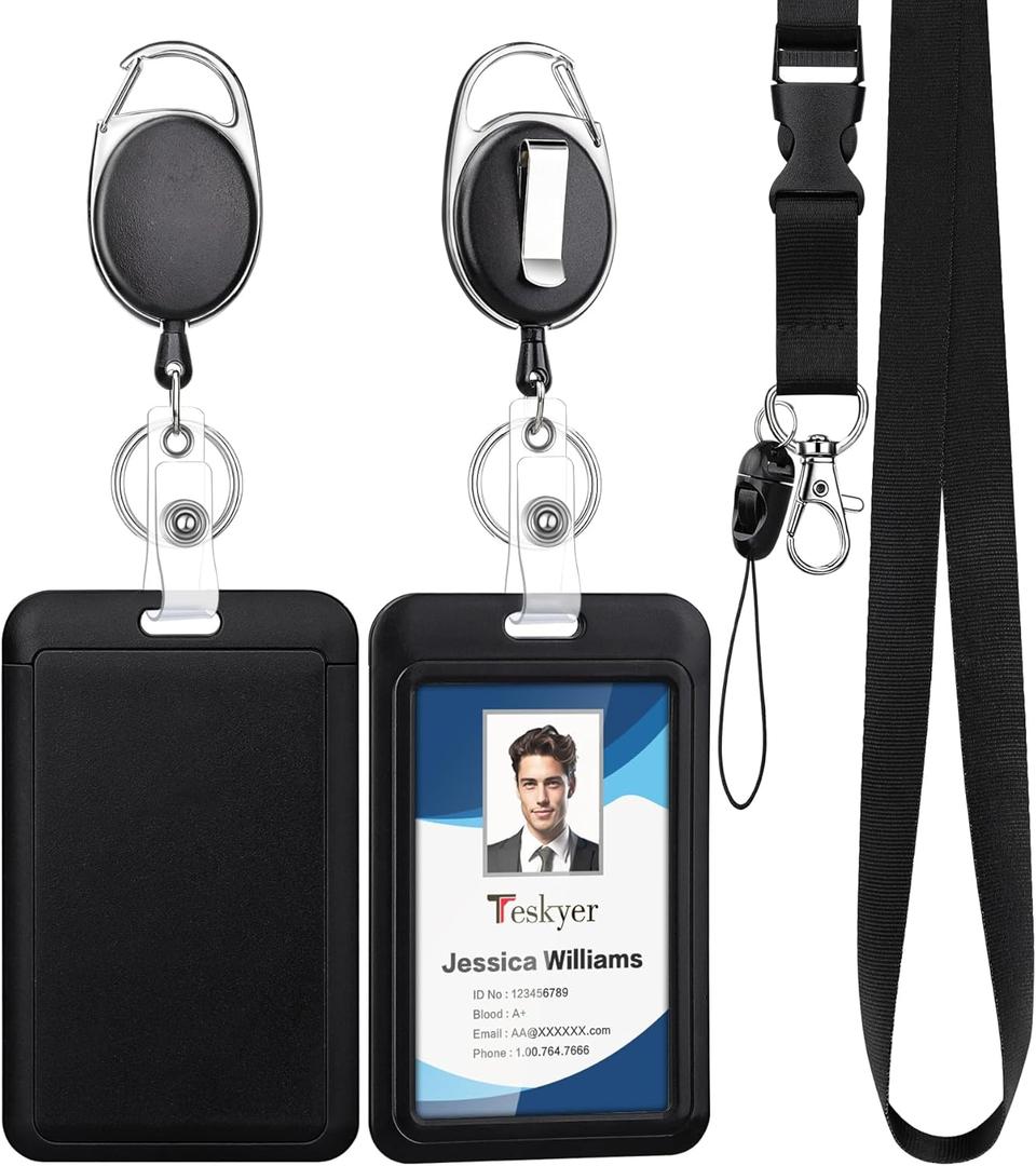 Teskyer Lanyards for ID Badges Set, 2 ID Badge Holder with 2 Heavy Duty Badge Reel and 1 Detachable Lanyard for Office School Work Name Badges - 5 PCS