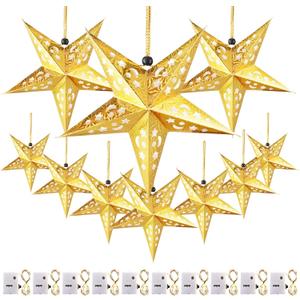 Zhanmai 10 Pcs Large 3D Gold Paper Star Lantern with 10 LED Lights 11.8 Inch 5 Point Hollow Hanging Paper Star Lampshade Decoration Light Lanterns for Wedding Birthday New Year Party Home Decor