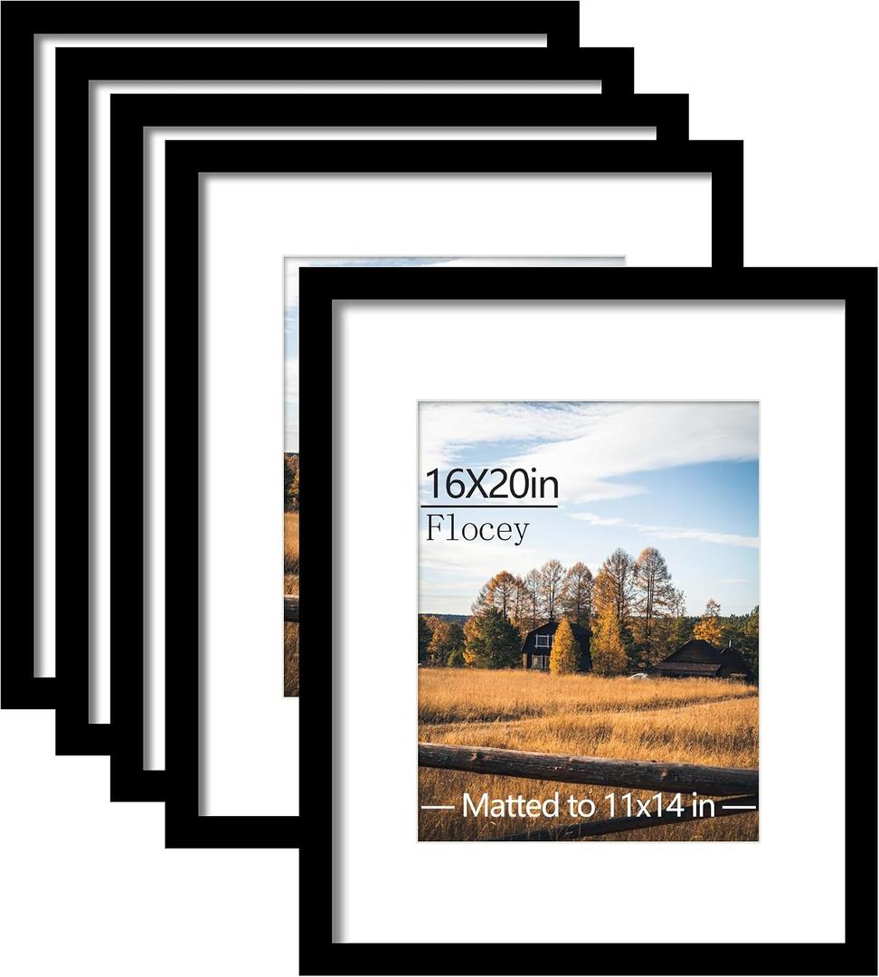 16x20 Picture Frame 5 Pack, Black Poster Frame, Display Pictures 11 x 14 with Mat or 16 x 20 Without Mat for Horizontal or Vertical Wall Mounting, Wall Gallery Frame for Artwork Certificate