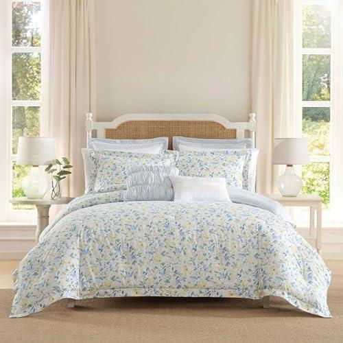 Laura Ashley Comforter, Soft Reversible Bedding Set, Includes Matching Bonus Euro Shams & Throw Pillows, Queen, Nora Blue/Yellow/Green/White