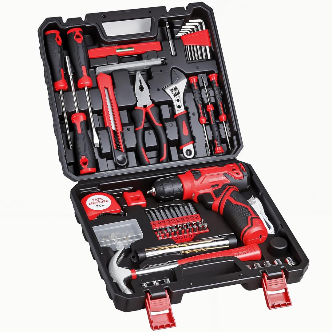 Tool Set - 8V Cordless Drill Set, 132 Piece Home Tool Set With Hand Drill, Tool Kit for Women & Men, Perfect for Homeowner, Diyer, Handyman (Red)