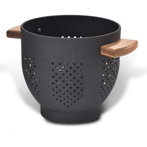 Metal Colander with Wood Handle and Stable Base, Powder Coated Steel Kitchen Strainer Basket for Draining Pasta, Vegetable and fruit(3quart,Matte Black)