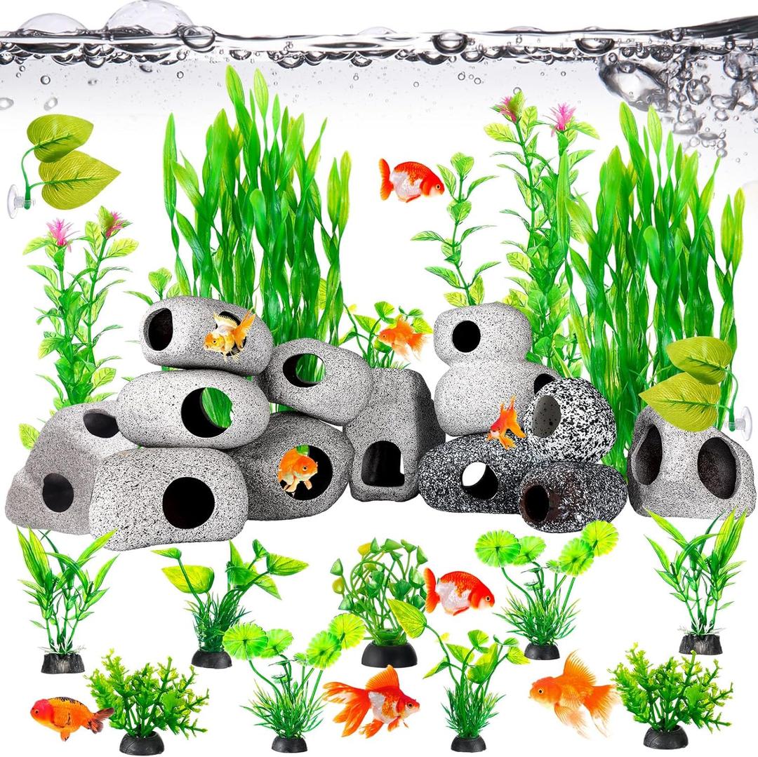 Gejoy 28 Pcs Aquarium Decorations Cave Fish Tank Accessories Green Plants Include 12 Ceramic Rock Cave and 16 Aquarium Plants for Betta Shrimp Cichlid Hideout Breeding Spawning