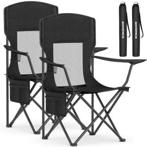 SONGMICS Breathable Camping Chairs, Foldable Outdoor Chairs Set of 2, High Back, Adjustable Armrests, Drink Holder, Weight Capacity 330 lb, for Sports Garden Backyard, Ink Black UGCB028B02, Medium