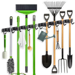 ZONGOOL 2 Pack Broom Holder Wall Mount, 4 Racks and 5 Hooks Mop Hanger Wall Mount Broom Organizer Stainless Steel Heavy Duty Garage Tool Racks for Home Kitchen Garden Laundry (Black)