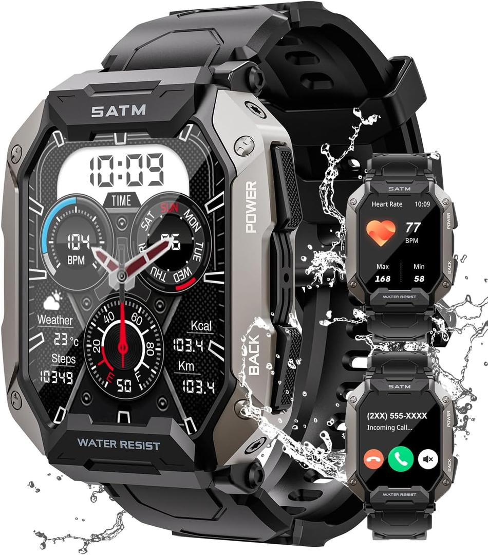 Military Smart Watches for Men IP68 Waterproof for Swimming, with Answer/Make Calls, 80 Days Extra-Long Battery Outdoor Tactical Smart Fitness Watch for Android, Black (Standard)