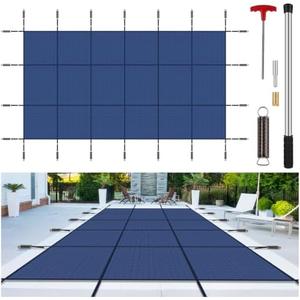 Inground Pool Cover Safety Fits Rectangle Swimming Pool, Mesh Solid Pool Cover for Inground Pools,Winter Pool Safety Cover Includes Safety Net and Installation Tools Blue (Blue, Fits 14x28ft Pools)