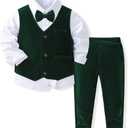 IDOPIP Toddler Kids Baby Boys Formal Suit Gentleman Outfit Long Sleeve Shirt with Bowtie + Vest + Pants Overalls Clothes 2-8T (12-18 Months, Dark Green - Vest)