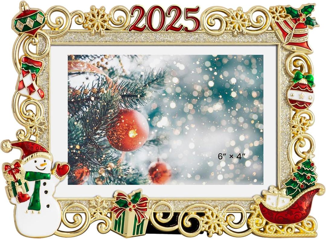 Christmas Snowflake 4x6 Picture Frame Christmas Metal Display Photo Frames with Red Rhinestone High Definition Glass Front Gift Ideas Tabletop Home Decorative (2025 Snowman, Golden)