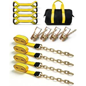 8 Point Roll Back Vehicle Wheel Tire Tie Down Straps Kit 3333LBS | 9999LBS Breaking Capacity, 2"x16' Tow Truck Flatbed Strap w/Chain Extension Ratchet, 2"x16" Short Tow Strap, Fit all vehicle