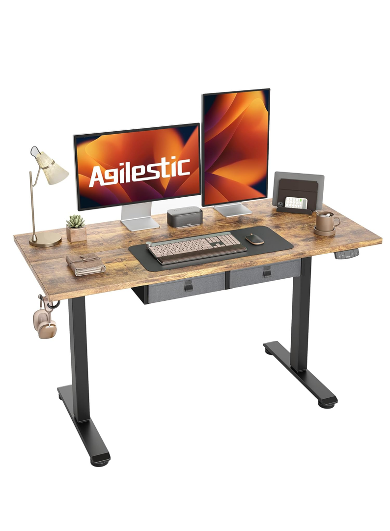 Agilestic Electric Standing Desk with Integrated Drawer, Height Adjustable Desk, Ergonomic Rising 63"x24" Wooden Desk, Sit-Stand Workstation with Memory Presets for Work Home Office, Walnut