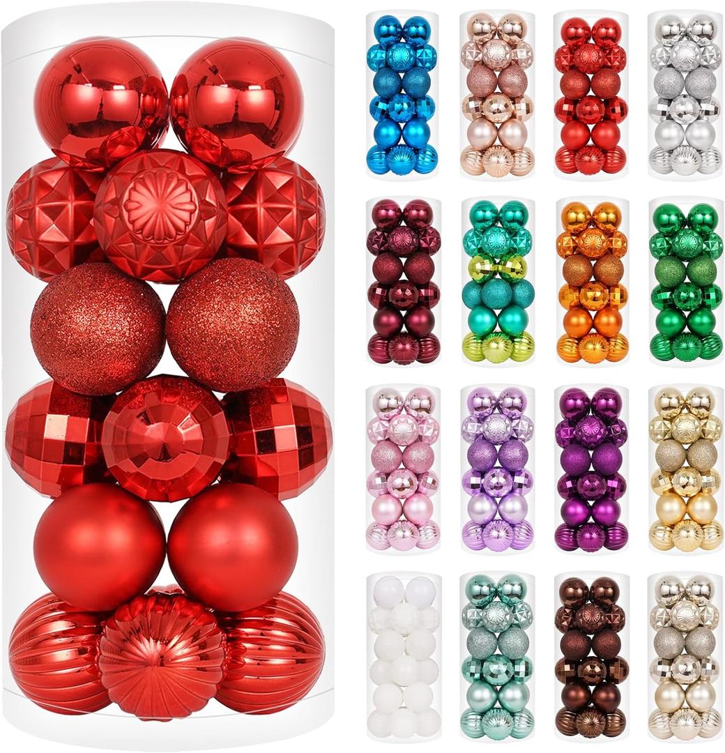 XmasExp 24ct Christmas Ornaments Shatterproof Christmas Ball Ornaments Set Decorations for Xmas Tree Balls 40mm/1.57" (1.57'', Red)