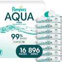 Pampers Aqua Pure Baby Wipes, 99% Water, Fragrance Free, 896 Baby Wipes Total (16X Flip-Top Packs)