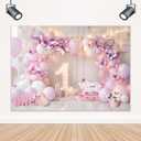 LIGHTINHOME Girl 1st Birthday Backdrop 5Wx3H Feet for Purple Pink Princess Balloons Lights Butterfly First Bday Photography Background Decorations Photo Booth Studio Prop Fabric