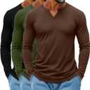 Ficerd 3 Pack Men's Big and Tall V Neck Shirts Cotton Long Sleeve Tops Plus Size Lightweight T-Shirts Casual Basic Tees (X-Large, Black, Army Green, Brown)
