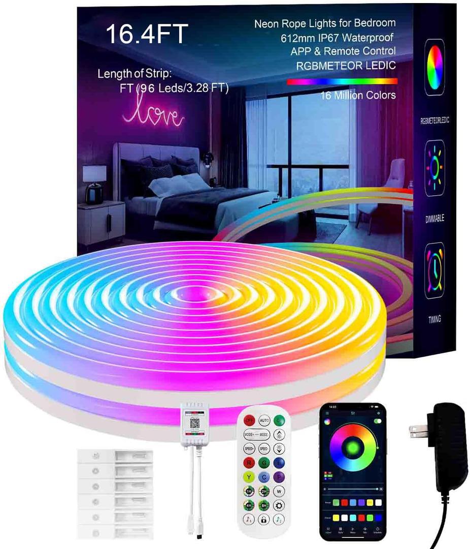 MFWW Neon Rope Lights, 16.4FT IC+RGB LED Strip Lights, App+Remote Control, Outdoor IP67 Waterproof, Music Sync, Color Changing, Flexible DIY Design Neon Lights for Bedroom, Gaming, Party Decor