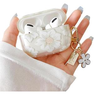 MINSCOSE Compatible with AirPods Pro Clear Case, Cute Cartoon Flower Pattern Design with Floral Keychain, Soft TPU Protective Shockproof Case for AirPod Pro for Girls Women-White