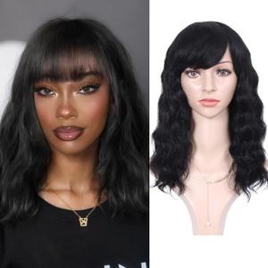 WIGNEE 100% Virgin Human Hair Loose Deep Wave Wigs with Bangs Brazilian Human Hair Wave Wig for Women Natural Black (14 Inch)